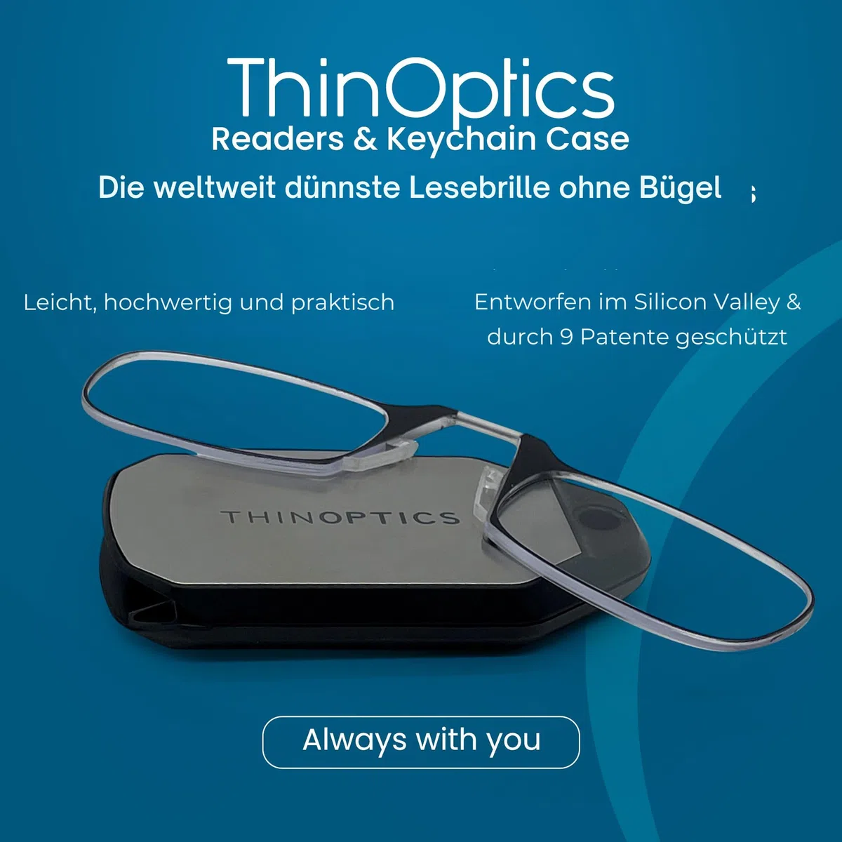 ThinOptics Lesebrille Schlüsselanhänger, ultraflach und bügellos, Flex-Fit Lesehilfe im Taschenformat, passt in Geldbörse, inkl Schlüsseletui +1,00 +1,50 +2,00 +2,50