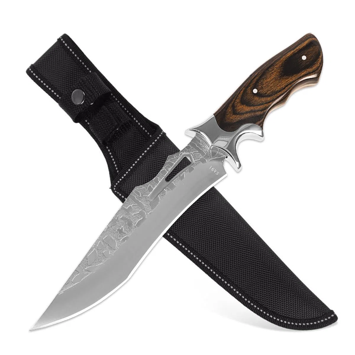 Outdoormesser 31cm – Komposit-Klinge mit geradem Rücken, falscher Schneide und leichter S-Form, Edelstahl-Handschutz, Schwarznussbaum-Griff mit Fingerkerben, Robuster Naturbegleiter