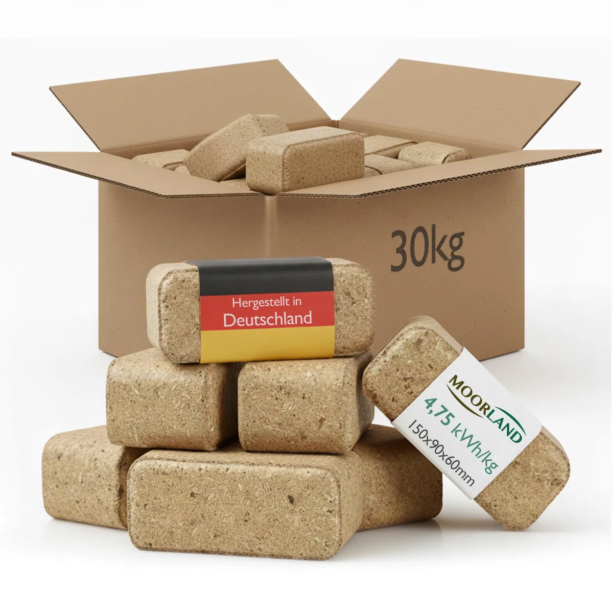 Moorland Holzbriketts 30kg hoher Heizwert, nachhaltig & CO₂-neutral – Kaminbriketts 100 % naturbelassenes Holz ohne Zusätze – Brennholz gepresst Made in Germany – Briketts Kamin, Ofen & Grill