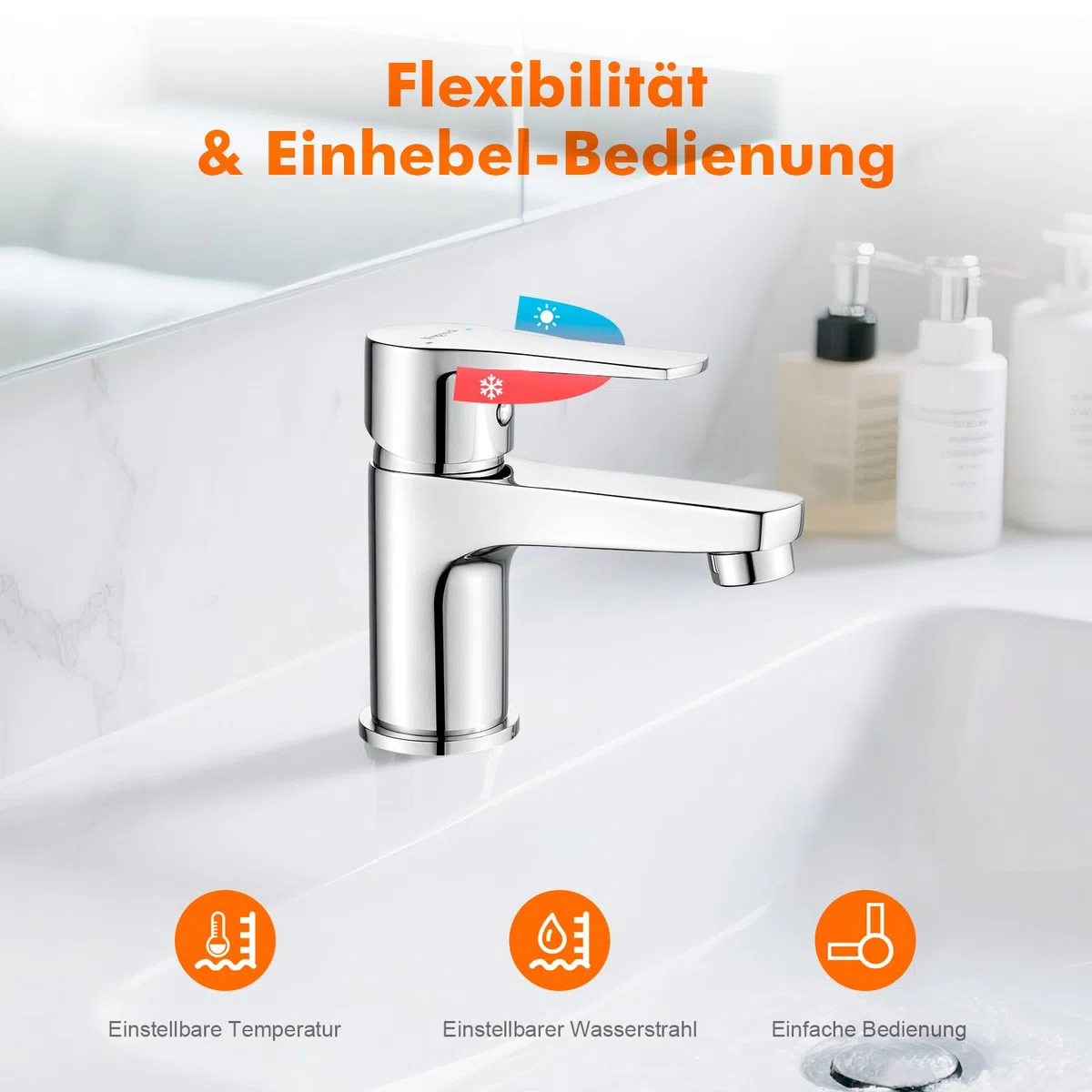 Ibergrif Wasserhahn Bad Chrom - Kompakte Mischbatterie für Kalt- und Warmwasser, Einhand-Waschtischarmatur Gäste-WC mit Keramikkartusche, Wassersparend, inkl. G 3/8 Schläuche, M11057