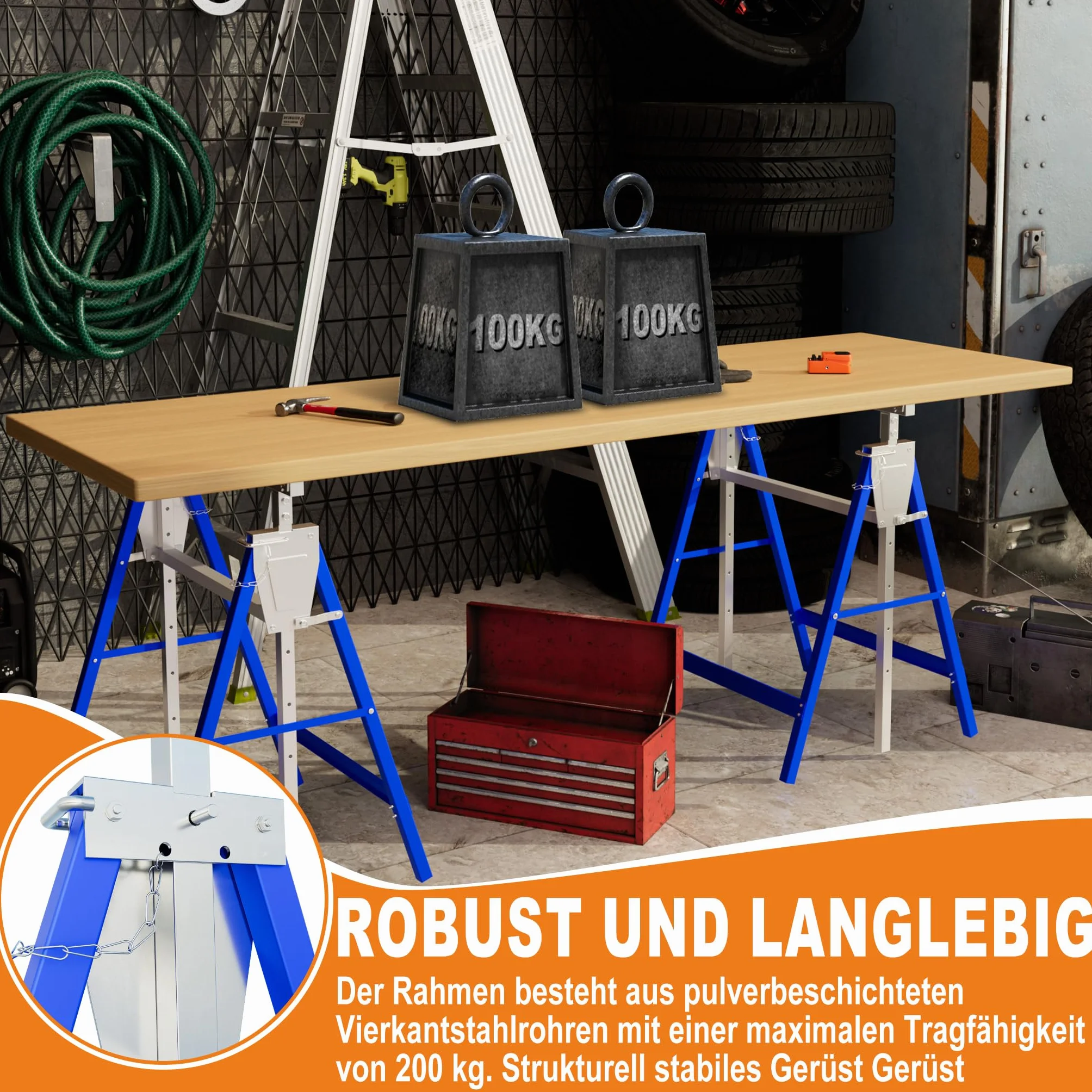 YRHome Höhenverstellbarer Arbeitsbock 2er Set, Stahl Klappbare Unterstellböcke, Tragkraft 150 kg pro Bock, 7 Stufen Verstellung 80-130 cm, Robuste böcke als Gerüstbock für Werkstatt & Baustelle