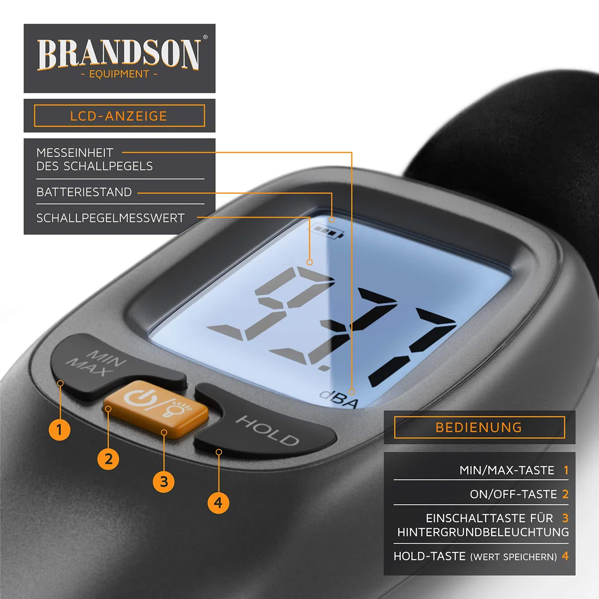 Brandson - Schallpegelmesser geeicht - Lautstärkemesser digital tragbar - 35dB bis 130dB mit LCD-Display mit Hintergrundbeleuchtung - Geräschmessgerät - MAX/MIN Datenspeicherung