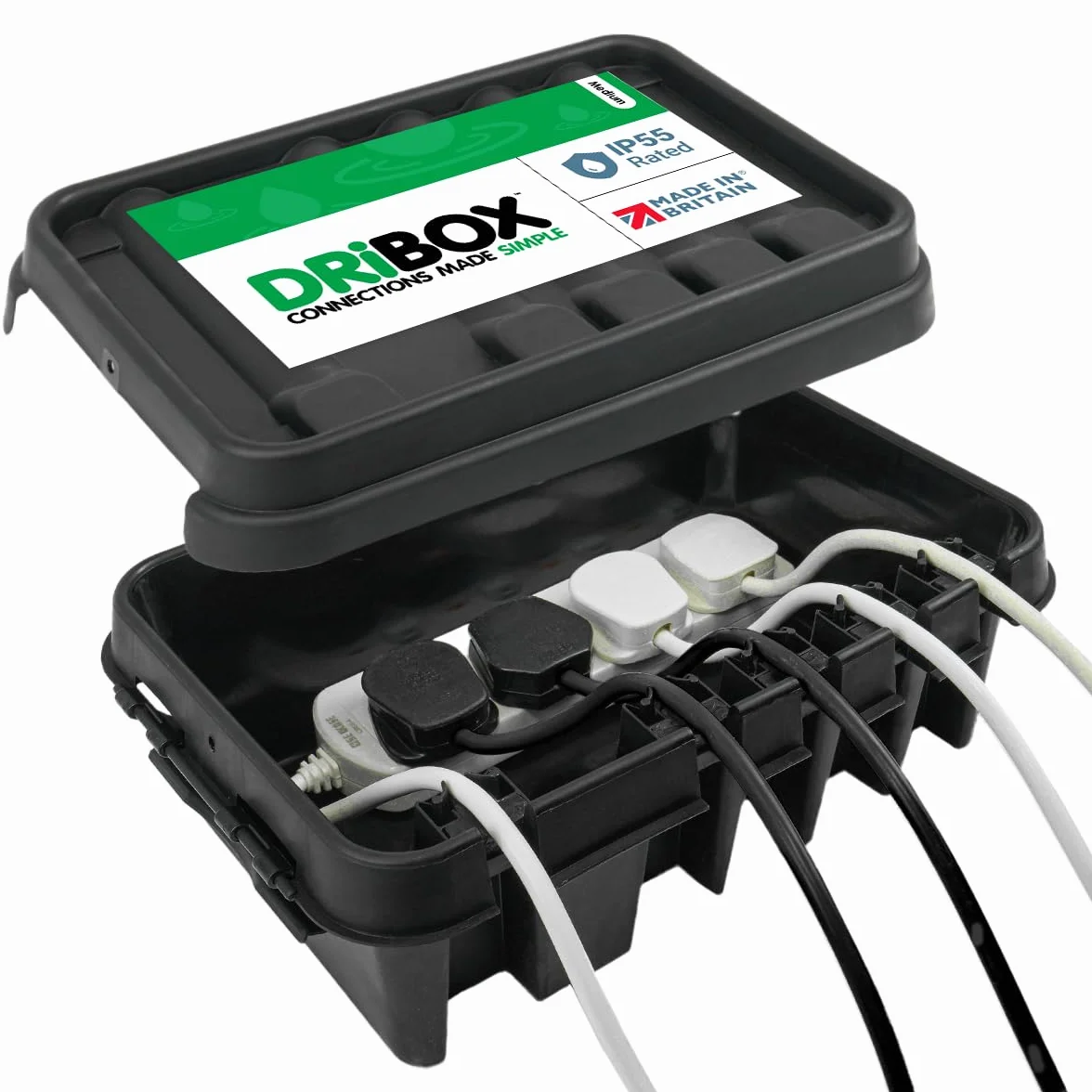 DRiBOX Mittel IP55 Wetterfester Anschlusskasten für den Außenbereich Stromkabelgehäuse für Weihnachtsbeleuchtung, Zeitschaltuhren, Verlängerungskabel, Kabelrollen, Transformatoren (Mittel, Schwarz)