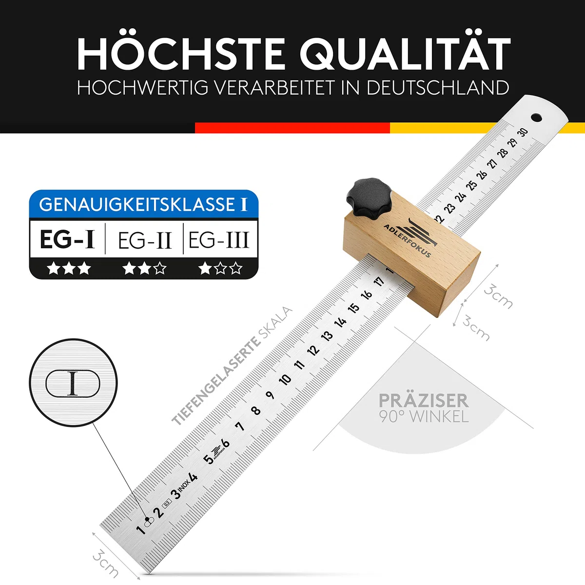 Adlerfokus Streichmaß [EG-1] - Anreisswerkzeug Made in Germany - Anschlaglineal - Anreisswerkzeug mit extra stabilem INOX Lineal – Streichmaß Metall mit Anschlag aus Buchenholz