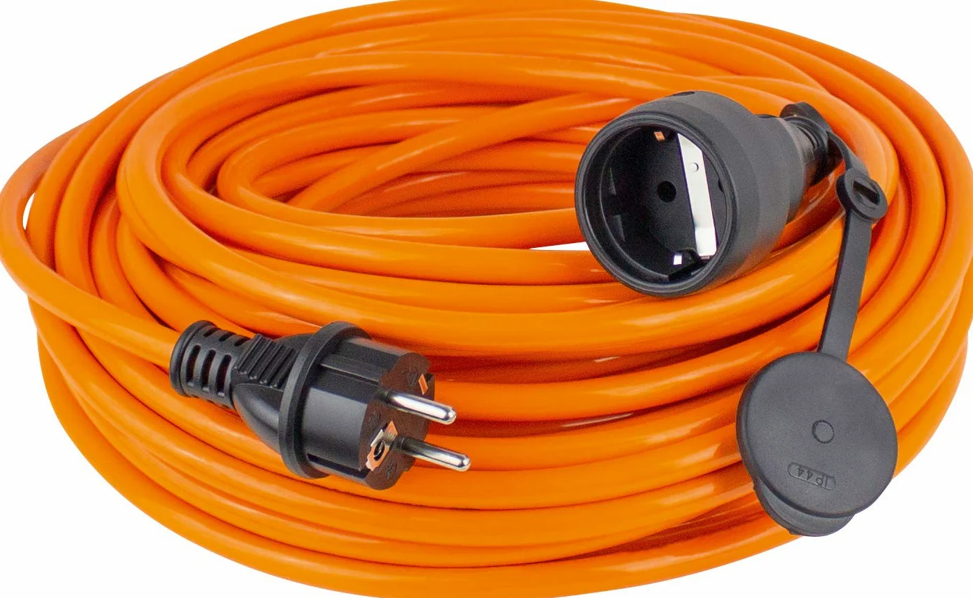 as - Schwabe Baustellen-Panzerleitung, 5 m robustes Panzer-Kabel H07BQ-F 3G2,5, Schutzkontakt-Stecker & Steckdose inkl. Schutzkappe, 230 V/16A Verlängerungskabel, IP44, Made in Germany, Orange, 59205