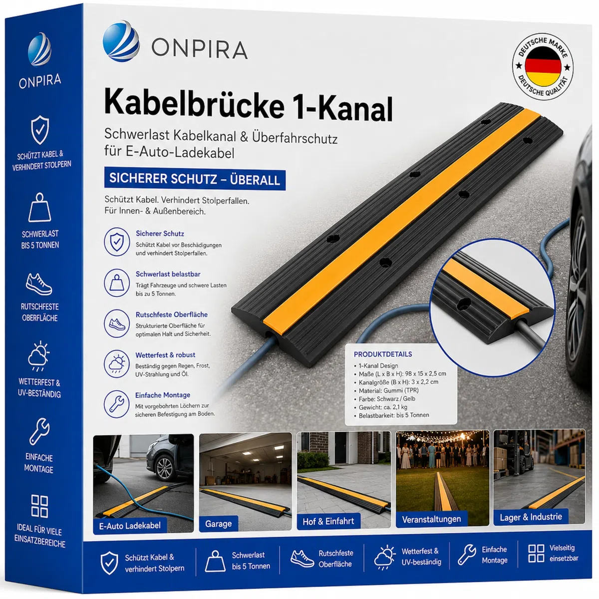 Onpira® Kabelbrücke 1-Kanal – Schwerlast Kabelkanal & Überfahrschutz für E-Auto-Ladekabel – rutschfest, Stolperschutz & Rampe für Außenbereich – Ideal für Garage, Hof & Veranstaltungen