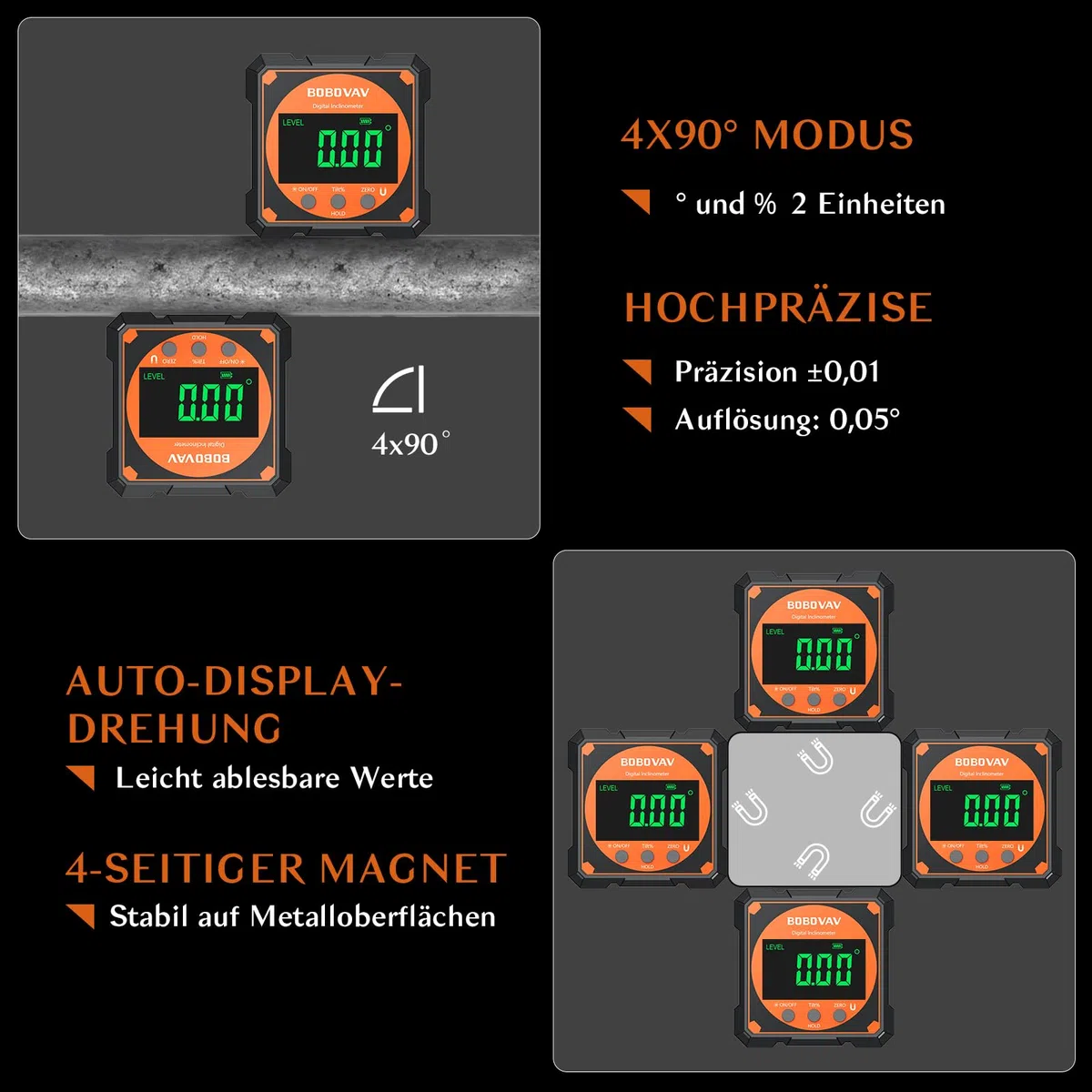 Digitaler Winkelmesser Laser, Wasserwaage Neigungsmesser mit 4-seitigem Magnet, LCD Display, Typ-C-Aufladen Winkelmessgerät Laser Level Box für Rohr- Holzarbeitung Hängerahmen Sägen Auto