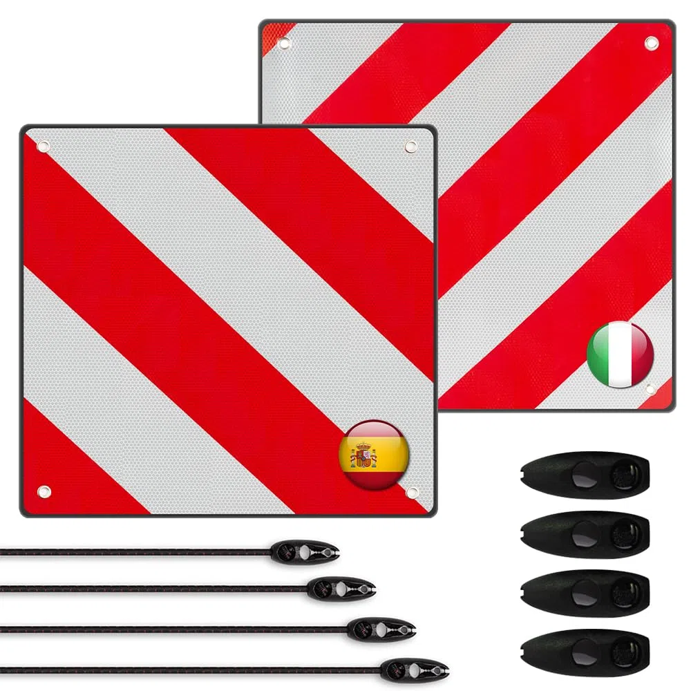 Warntafel Fahrradträger, 2 in 1 Aluminium Warntafel Italien Spanien mit 4 Spannseile,Reflektierend Rot Weiß Italien Fahrradträger 50x50cm für Fahrradträger,Heckanhänger,Auto,Wohnmobil
