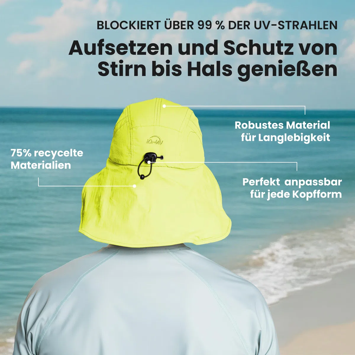 iQ-UV Schutz Kappe mit Nackenschutz Unisex Blau 55-61cm – Sonnenschutz Kappe UPF 50+ Tüv geprüft – Atmungsaktive Cap für Herren & Damen