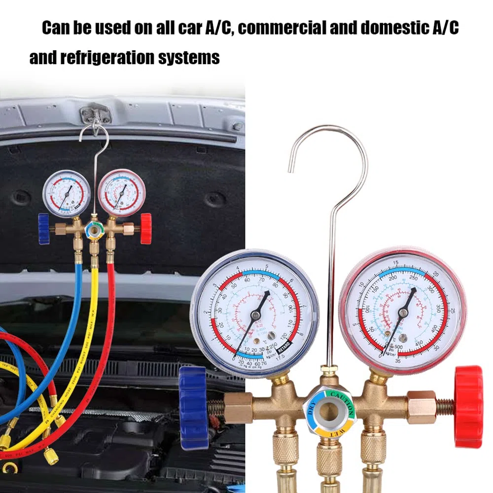 Kältemittel-Manometer-Set, Klimaanlagen-Werkzeuge mit Schlauch und Haken zum Ablesen des Drucks R12, R22, R404A und R134A