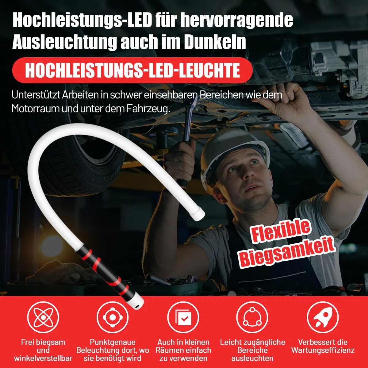 Flexible LED Taschenlampe, LED Light Stick mit 3 Helligkeitsmodi | Biegsame Arbeitsleuchte | Wiederaufladbare Taschenlampenstäbe | für Kfz Reparatur, Werkstatt, Inspektion in Engen Räumen