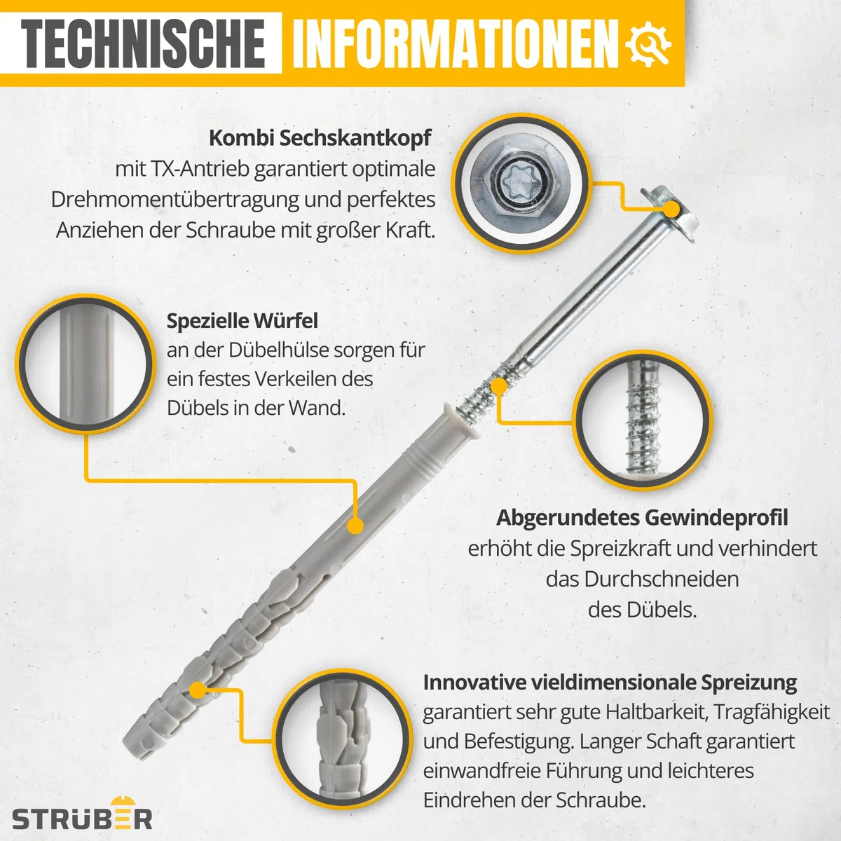STRÜBER Rahmendübel mit Sechskantschraube & Scheibenkopf mit SW/TX-Buchse (10x160 mm / 50 Stück) Torx - Fensterrahmendübel - Langschaftdübel - Wandrahmenbefestigung - Nylondübel - ETA Zulassung