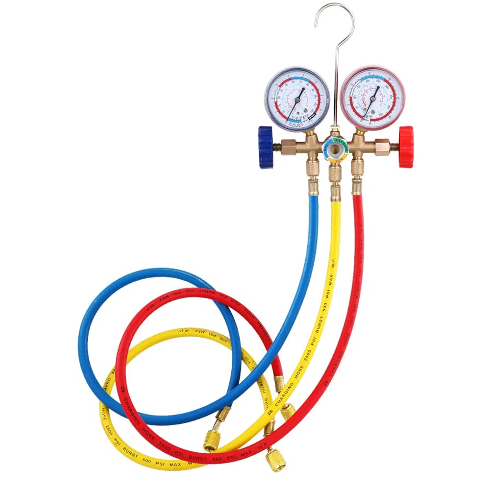 Kältemittel-Manometer-Set, Klimaanlagen-Werkzeuge mit Schlauch und Haken zum Ablesen des Drucks R12, R22, R404A und R134A