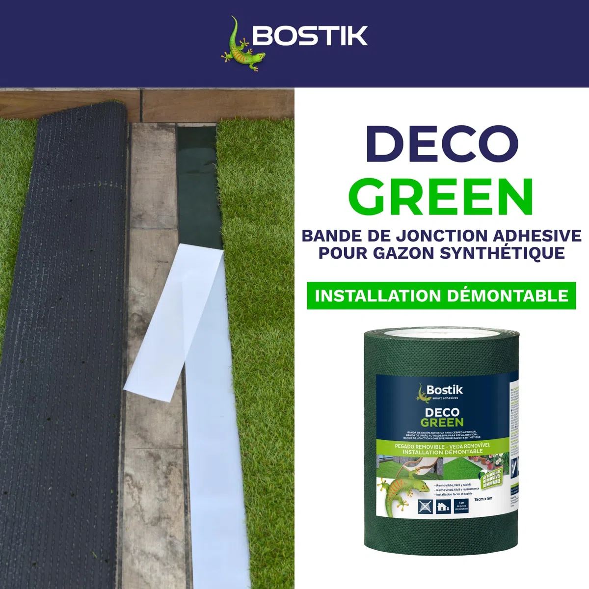 Bostik, Klebeband zur Installation von Kunstrasen, doppelseitig, innen und außen, abnehmbare und diskrete Installation, Deco Green, Grün, 15 m x 5 m Rolle