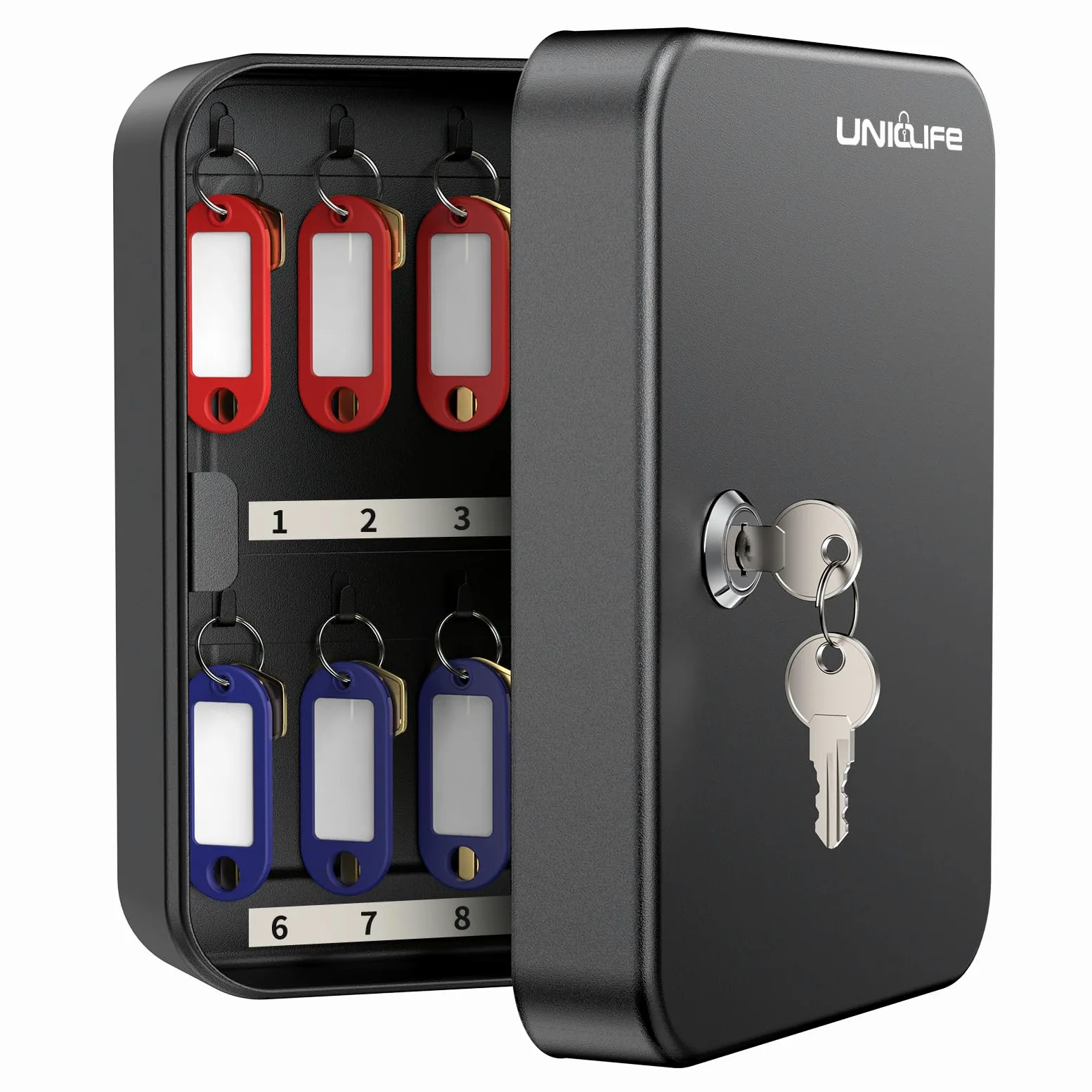 Uniclife Schlüsselschrank mit 20 Positionen, mit Schlüsselschloss, Wandmontage, schwarz, Sicherheits-Aufbewahrungsbox, Stahl, Schlüssel-Organizer mit bunten Schlüsselanhänger-Etiketten, Aufklebern und