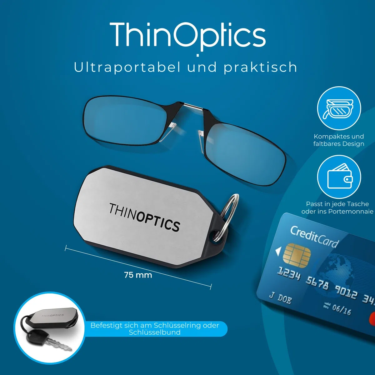ThinOptics Lesebrille Schlüsselanhänger, ultraflach und bügellos, Flex-Fit Lesehilfe im Taschenformat, passt in Geldbörse, inkl Schlüsseletui +1,00 +1,50 +2,00 +2,50