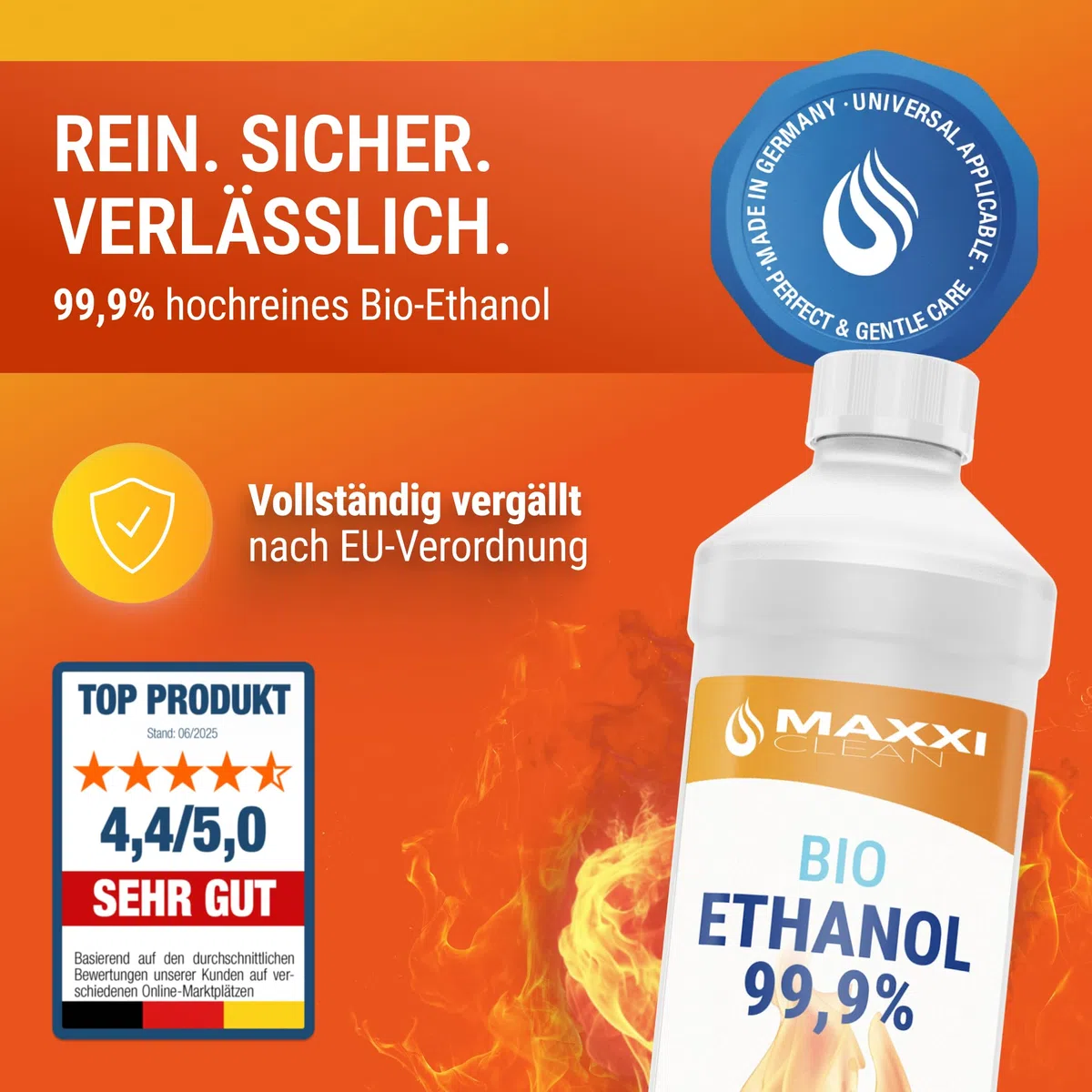Maxxi Clean | 12x 750 ml Bioethanol für Tischkamine | Made in Germany | geruchsneutral und rußfrei bei Indoor,- und Outdoor Ethanol-Kaminen | geeignet für Raum,- und Gartenfeuer mit Alkohol-Kamin