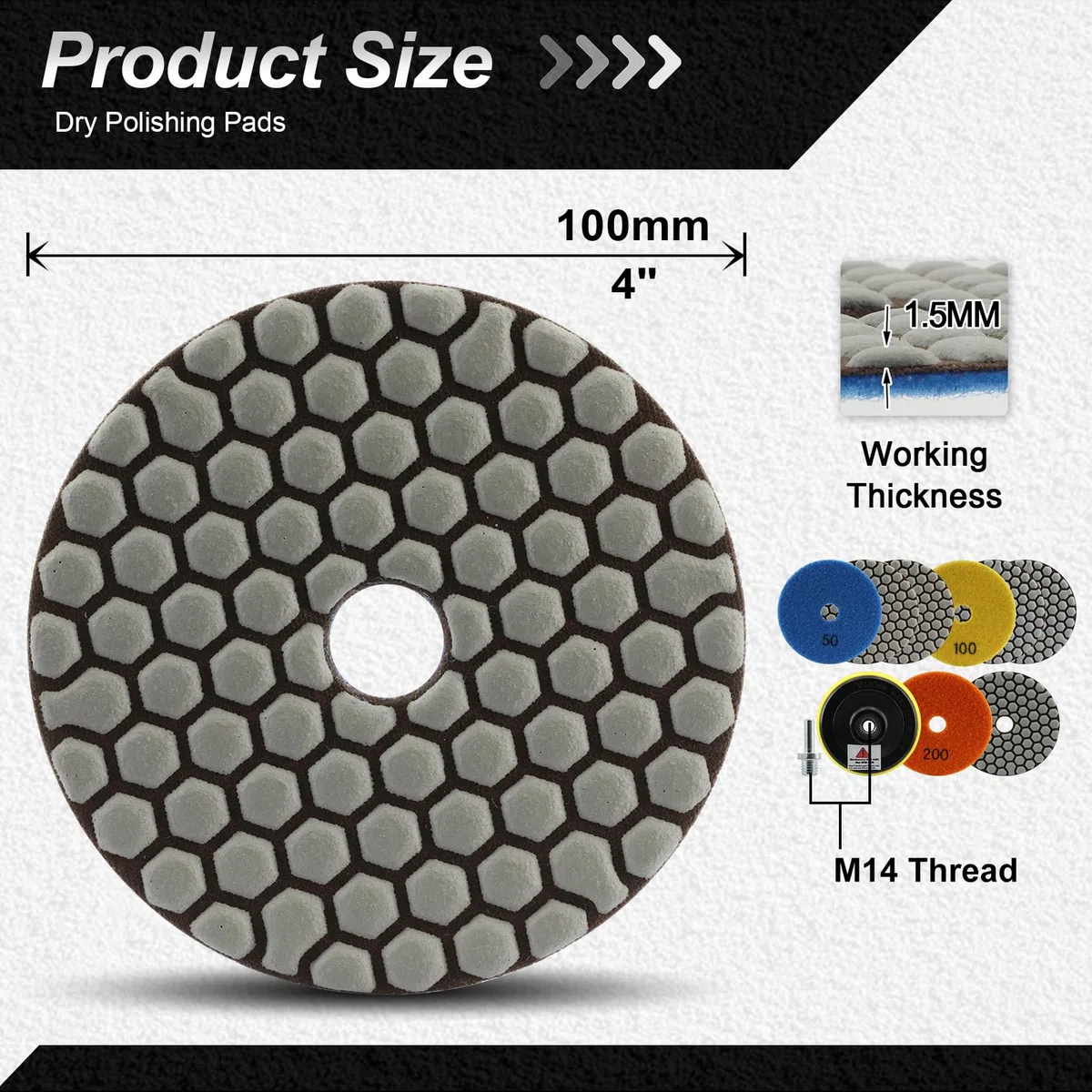 FOCSTOL Diamant Trocken Polierscheiben - 8 Stück 100mm (#50x3+#100x3+#200x2) Diamant Schleifpad M14 Unterlage für Granit Marmor Kunststein Quarz für Winkelschleifer