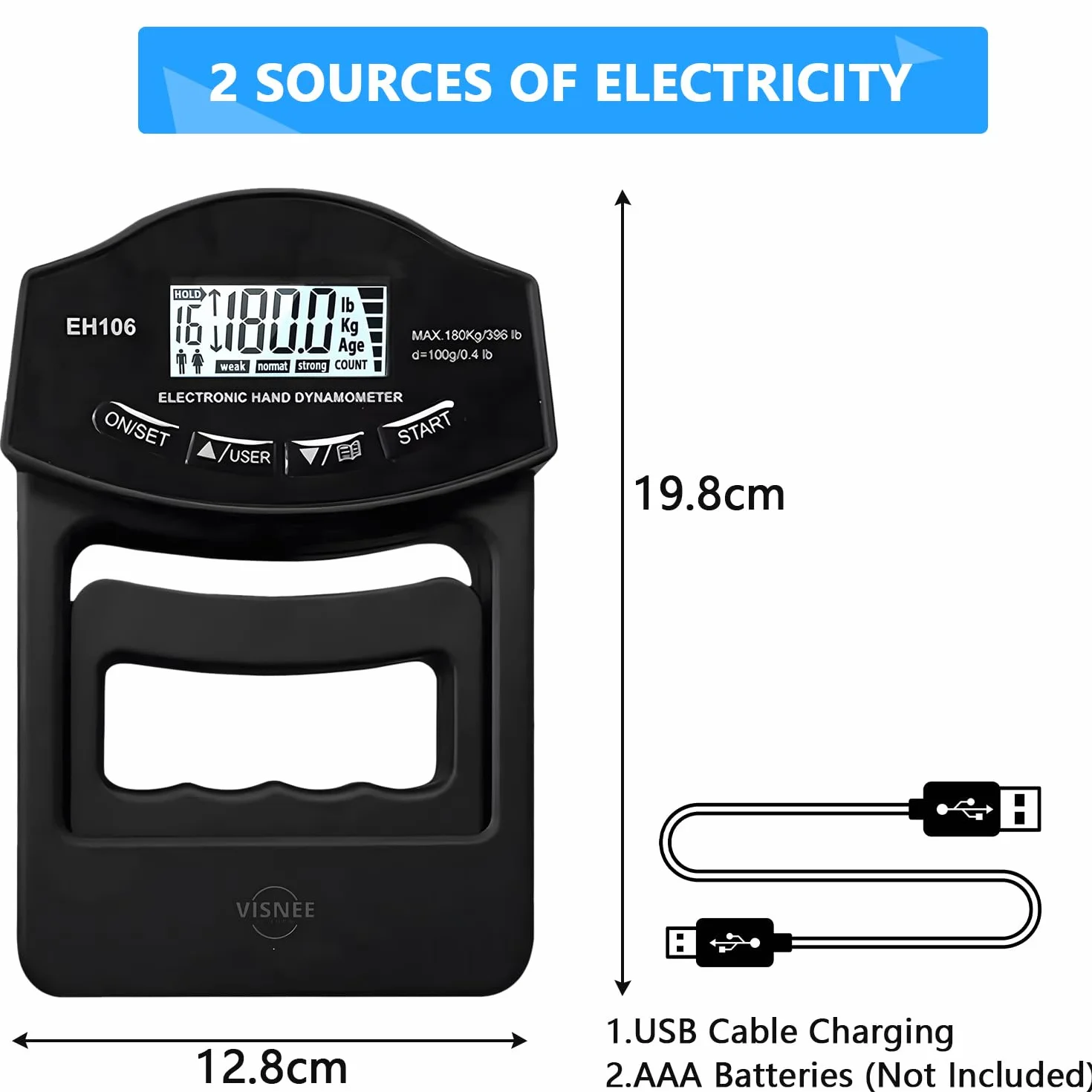 Digitaler Handkraftmessgerät 396lb/180Kg Elektronische Griffkraft Messgerät Großer LED-Bildschirm Hand Dynamometer mit USB-Ladekabel, Intelligent und einfühlsam(Schwarz), WLQ2