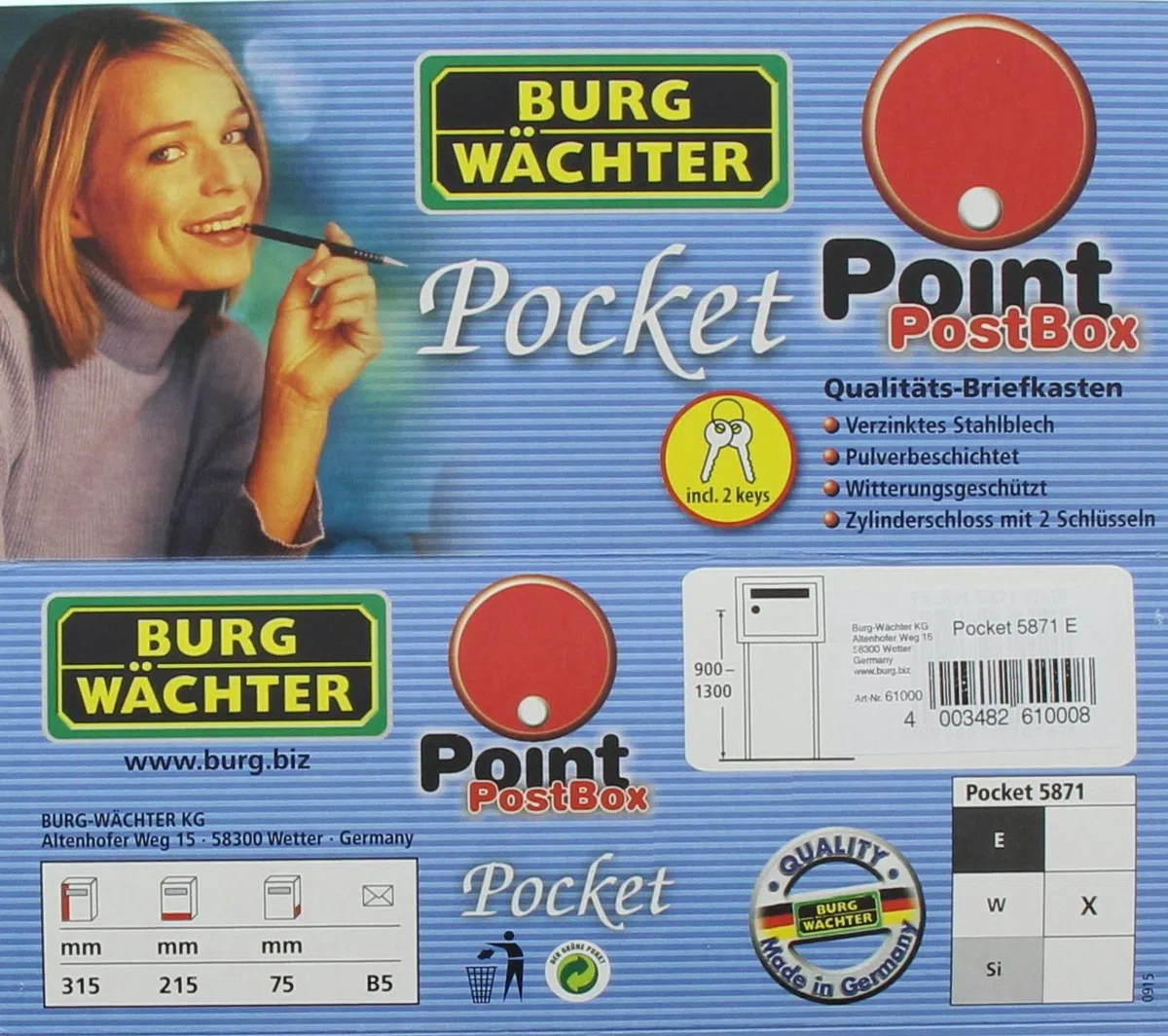 Burg-Wächter, Anlagenbriefkasten, A5 Einwurf-Format, Verzinkter Stahl, Pocket 5871 E, Eisen